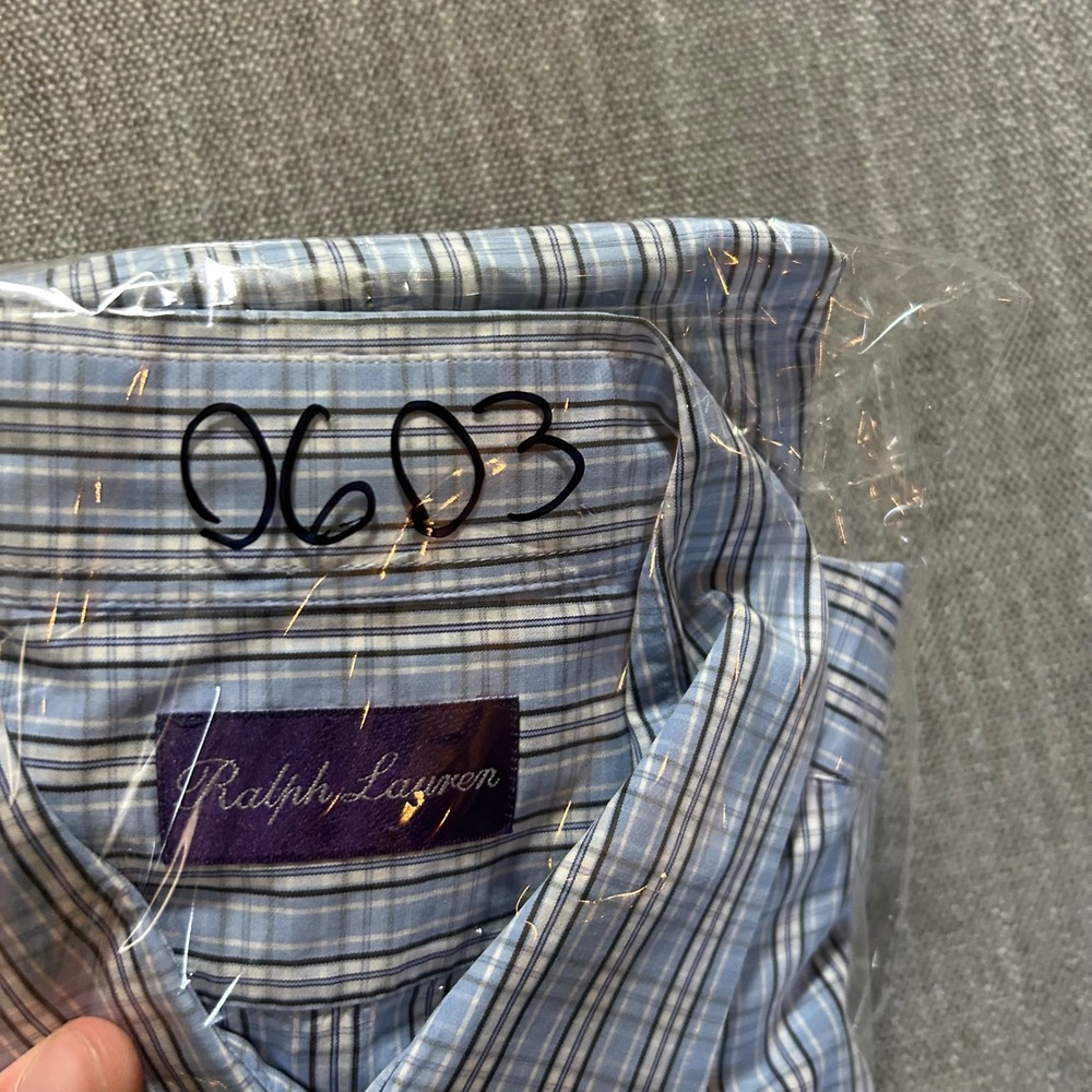 Ralph Lauren Purple Label Button Down Mens XL Blue Plaid Made in Italy Cotton - Picture 6 of 7